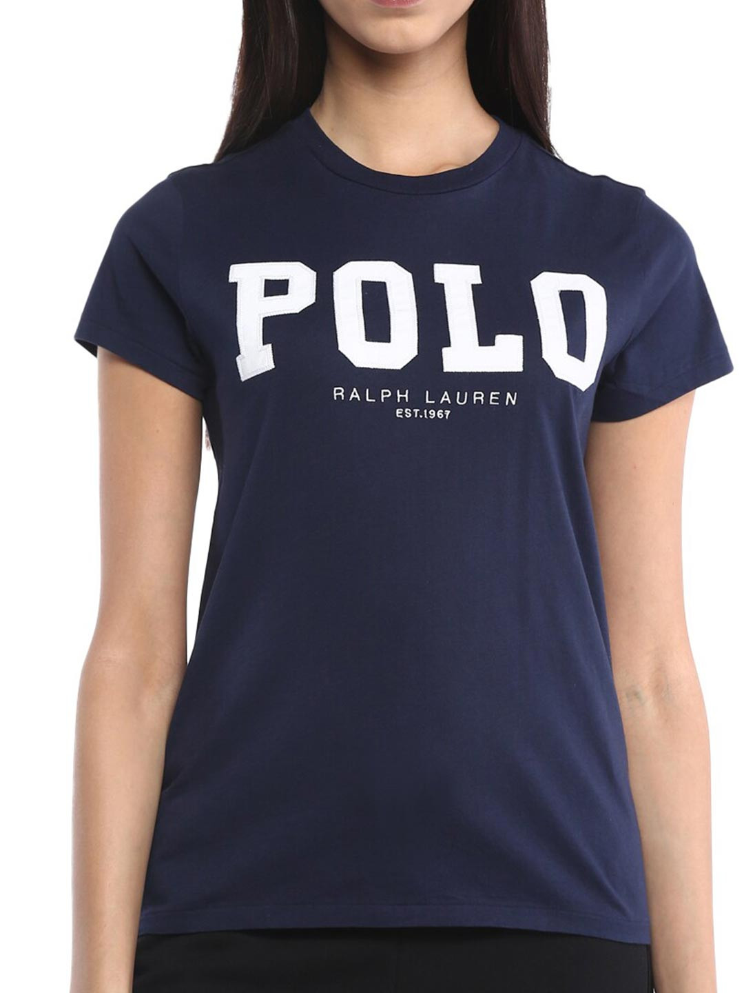 

Polo Ralph Lauren Women vy Blue Typography Extended Sleeves Applique T-shirt, Navy blue