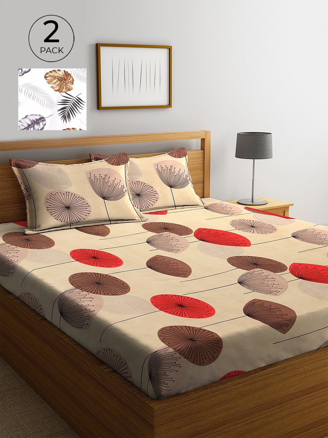

KLOTTHE White & Brown Floral 210 TC 2 King Bedsheet with 4 Pillow Covers