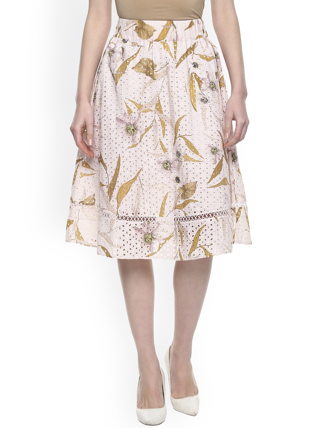 

Ted Baker Women Pink & Brown Floral Printed Pure Cotton Flared Knee-Length Skirt