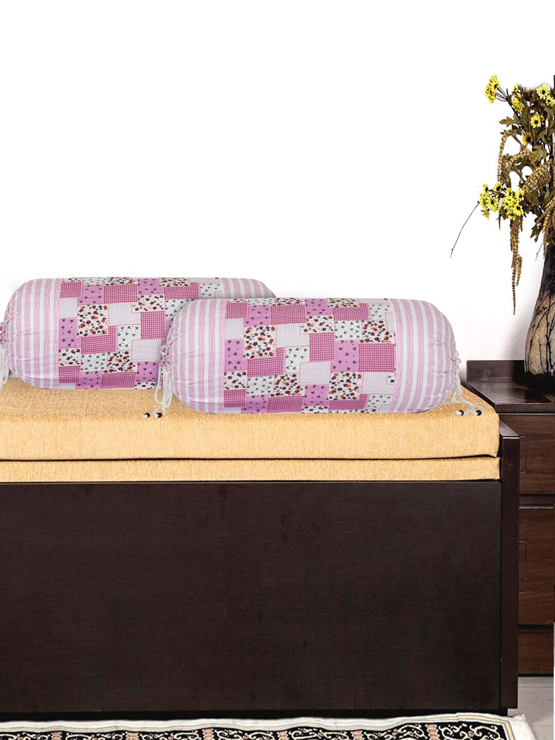 

Kuber Industries Set Of 2 Pink & White Printed Cotton Bolster Covers