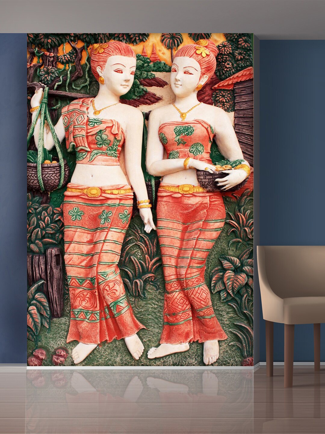 

999Store Red & Green Village & Two Lady Mural Wall Sticker