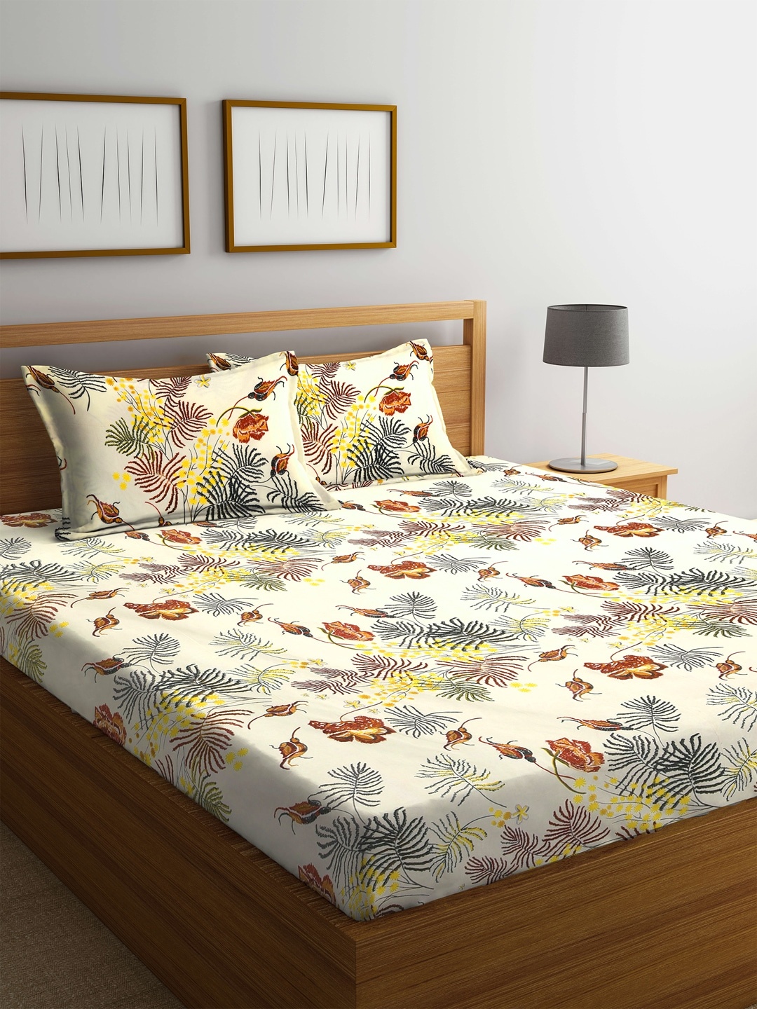 

KLOTTHE Cream & Blue Geometric 210 TC 2 King Bedsheet with 4 Pillow Covers