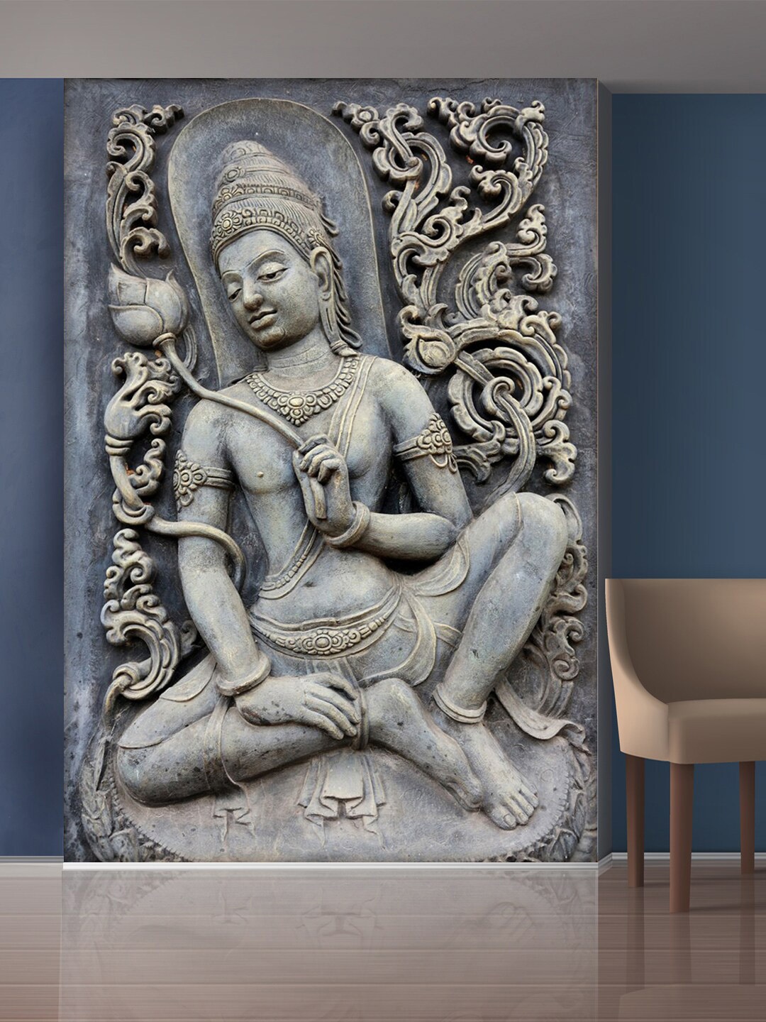 

999Store Gold-Toned & Grey Flowers And Sitting Statue Mural Self-Adhesive Wallpaper