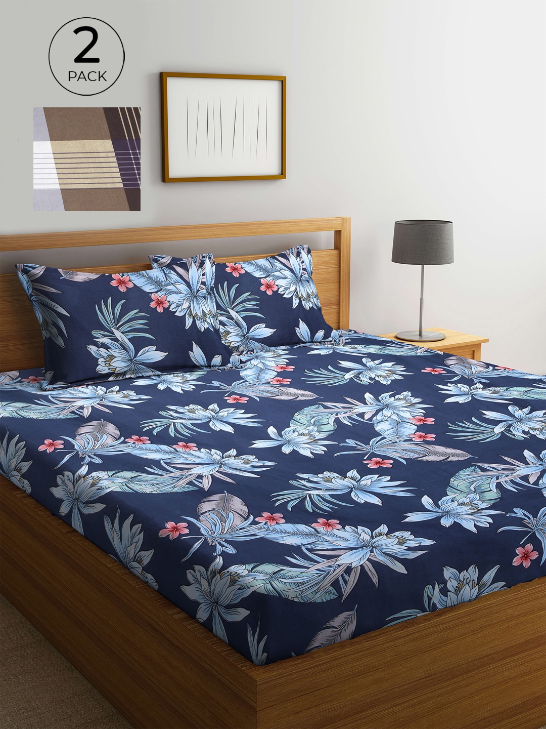 

KLOTTHE Blue & Purple Floral 210 TC 2 King Bedsheet with 4 Pillow Covers