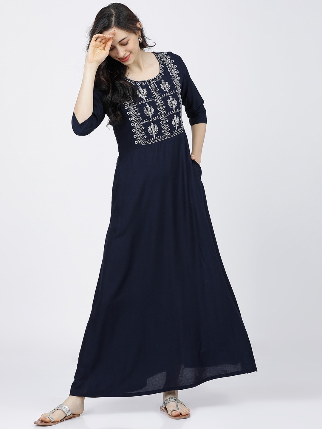 

Vishudh Navy Blue Ethnic Motifs Embroidered Maxi Dress