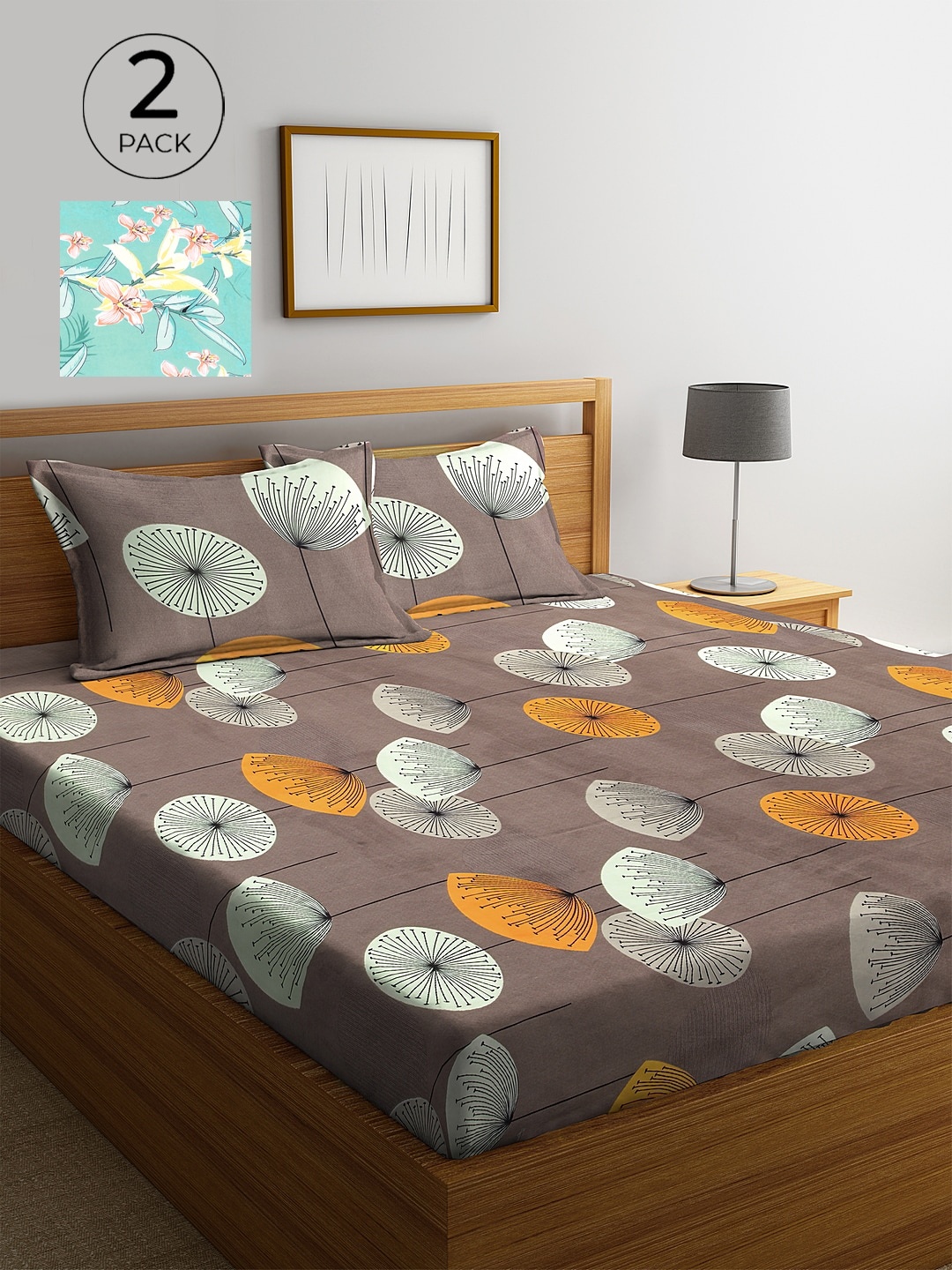 KLOTTHE Grey & Sea Green Floral 210 TC 2 King Bedsheet with 4 Pillow Covers