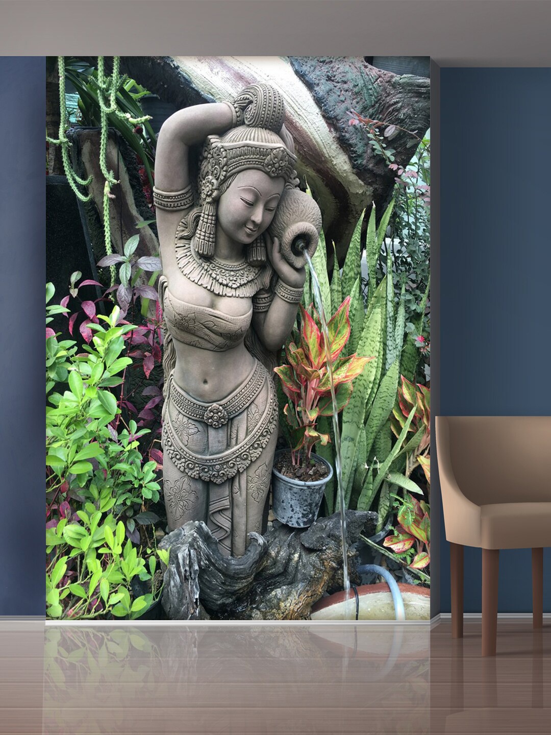 

999Store Grey & Green Lady Standing With Water Pot Mural Self-Adhesive Wallpaper