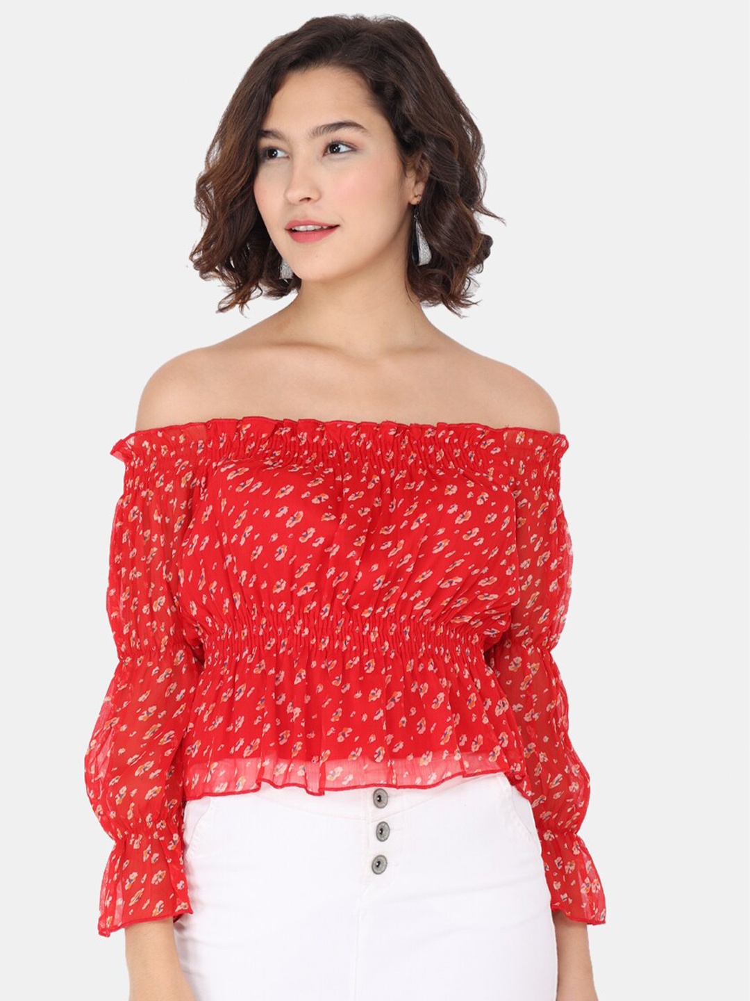 

Trend Arrest Red Floral Off-Shoulder Chiffon Smocking Bardot Top