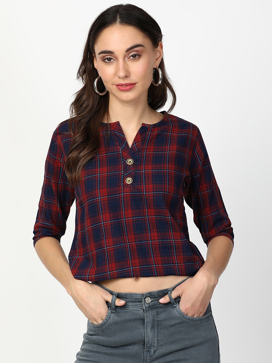

V2 Value & Variety Red & Navy Blue Checked Regular Cotton Crop Top