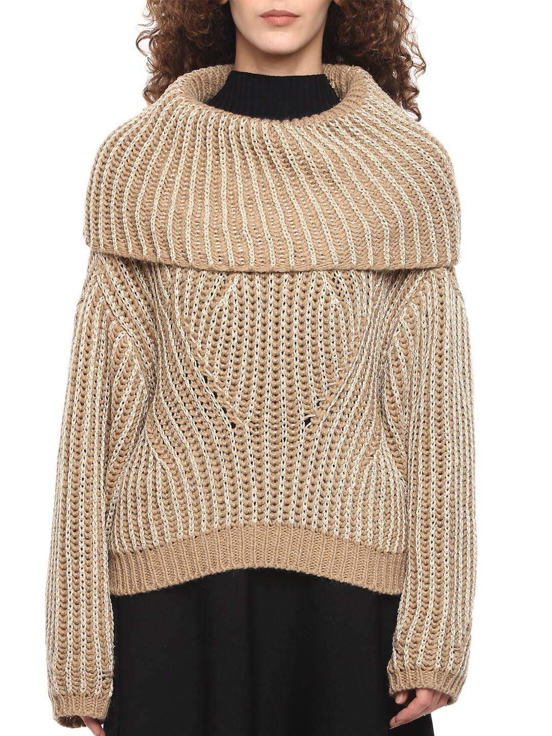 

Rinascimento Women Tan Brown & White Cable Knit Pullover