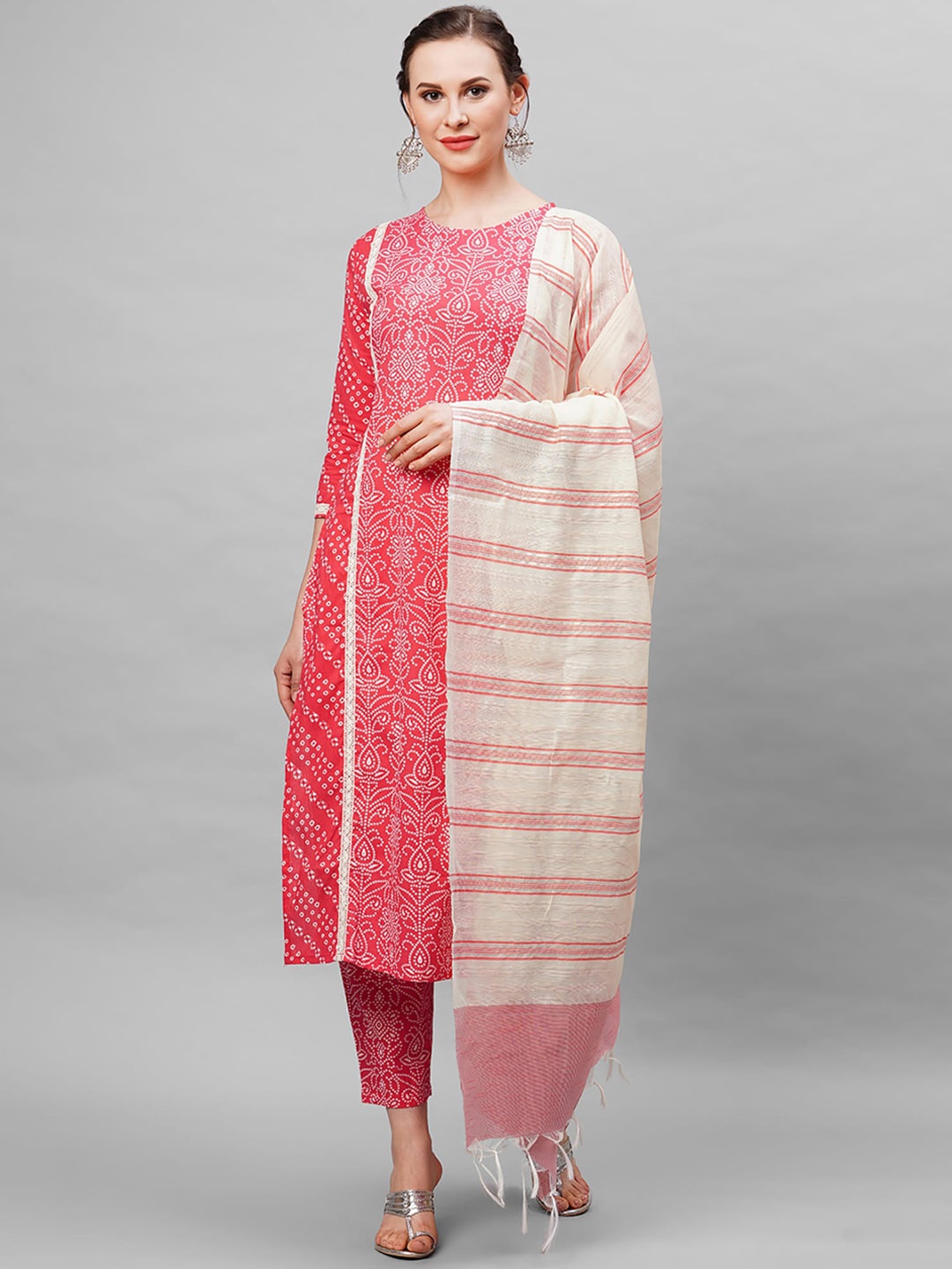 

Indo Era Women Red Printed Panelled Pure Cotton Kurta with Trousers & With Dupatta