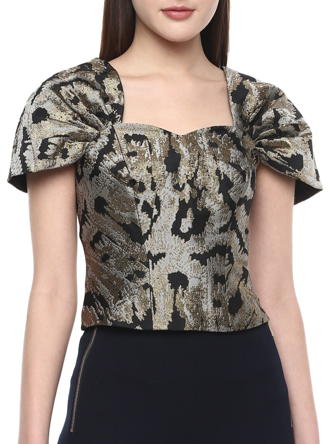 

Ted Baker Black & Gold-Toned Sweetheart Neck Puff Sleeve Regular Top