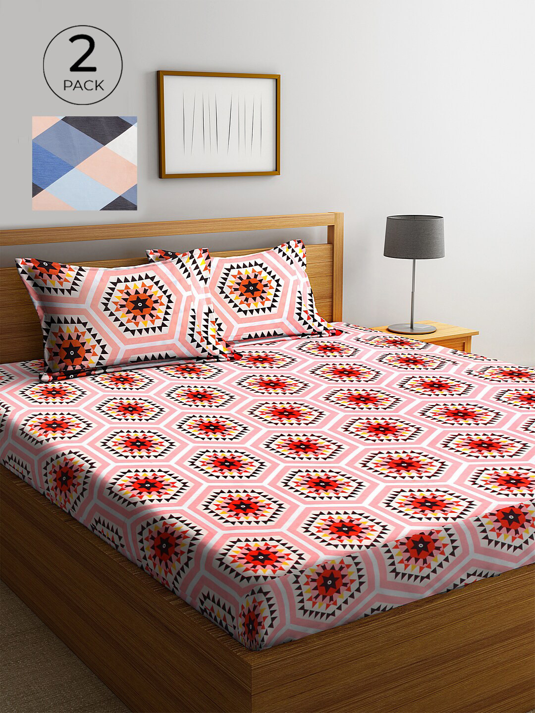 

KLOTTHE Red & Pink Geometric 210 TC 2 King Bedsheet with 4 Pillow Covers