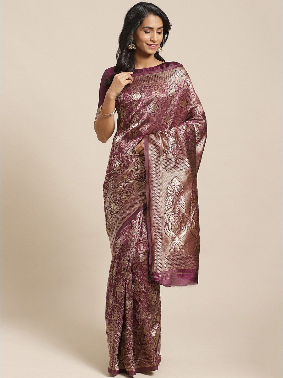Saree mall Burgundy & Gold-Toned Silk Blend Banarasi Sarees