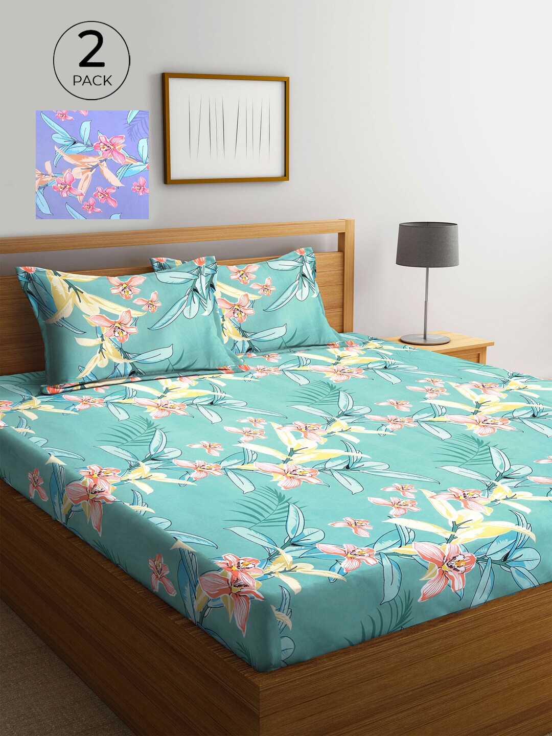 

KLOTTHE Blue & Sea Green Floral 210 TC 2 King Bedsheet with 4 Pillow Covers