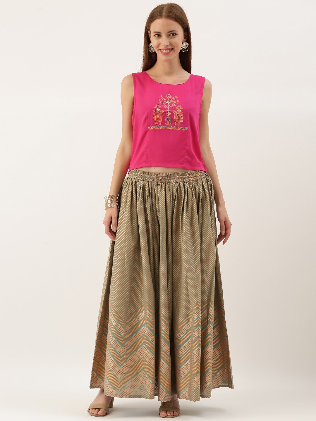 

Varanga Women Pink & Taupe Embellished Top with Skirt