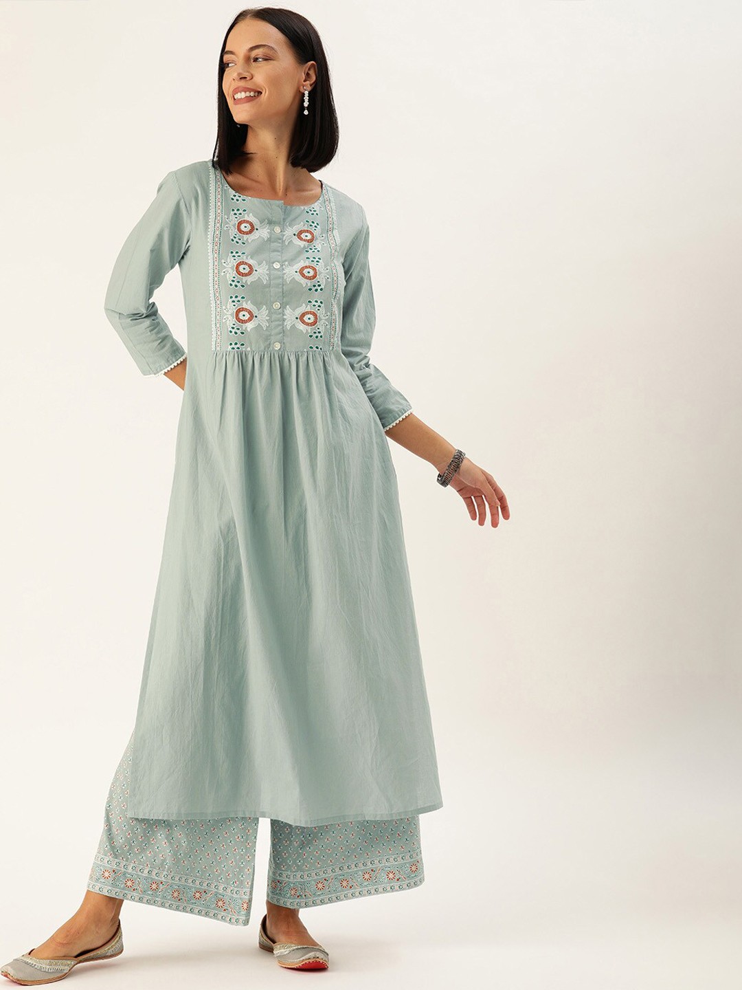

Varanga Women Blue Floral Embroidered Pleated Pure Cotton Kurta with Skirt
