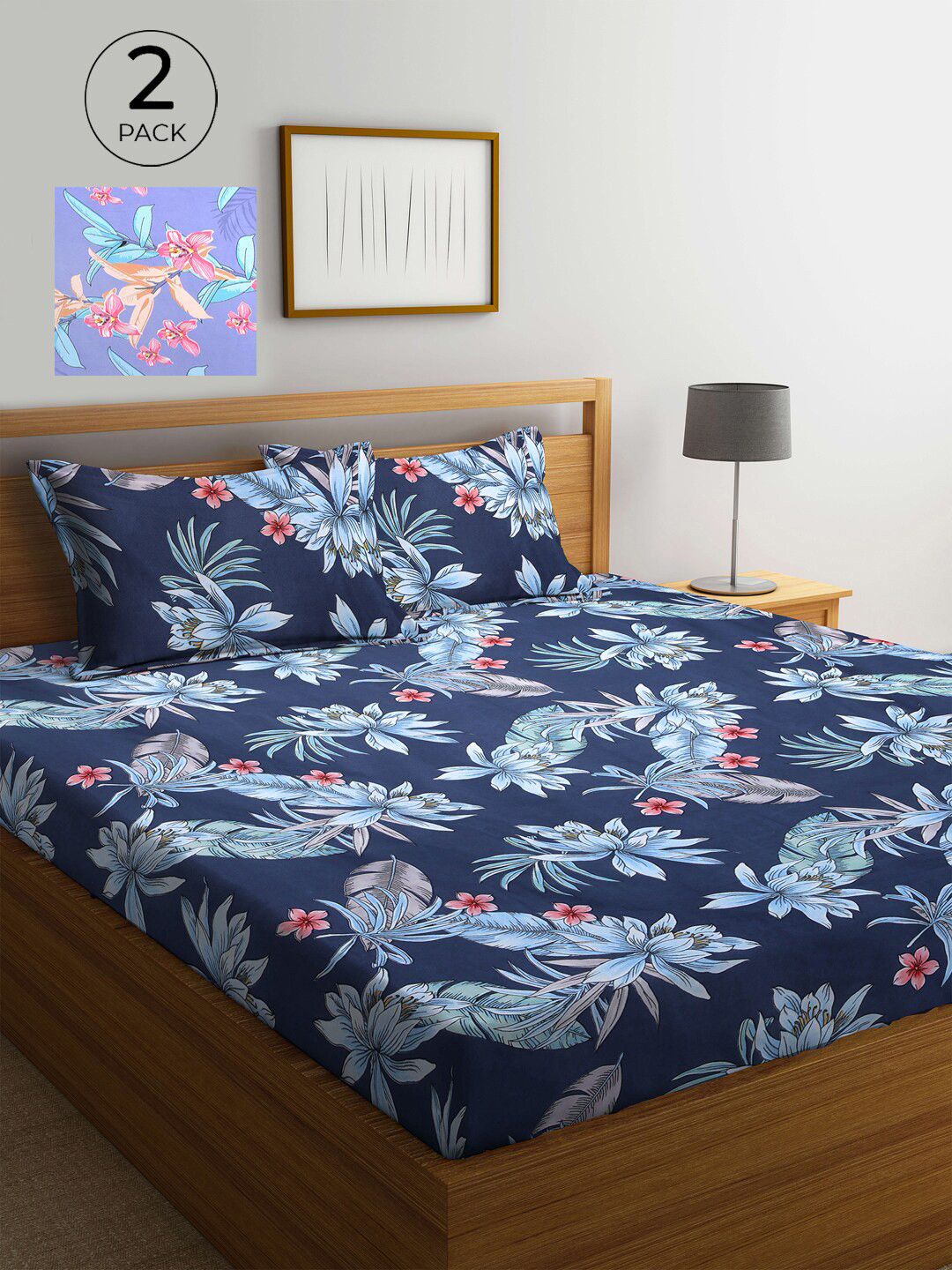 

KLOTTHE Navy Blue & Purple Floral 210 TC 2 King Bedsheet with 4 Pillow Covers