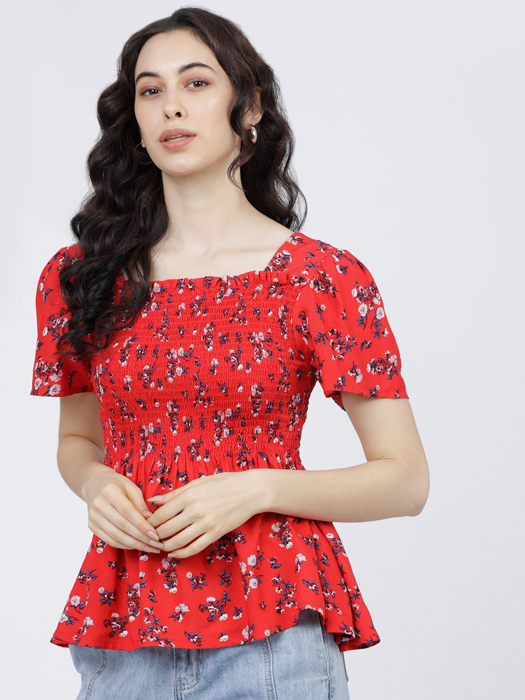 

Tokyo Talkies Women Red Floral Peplum Top
