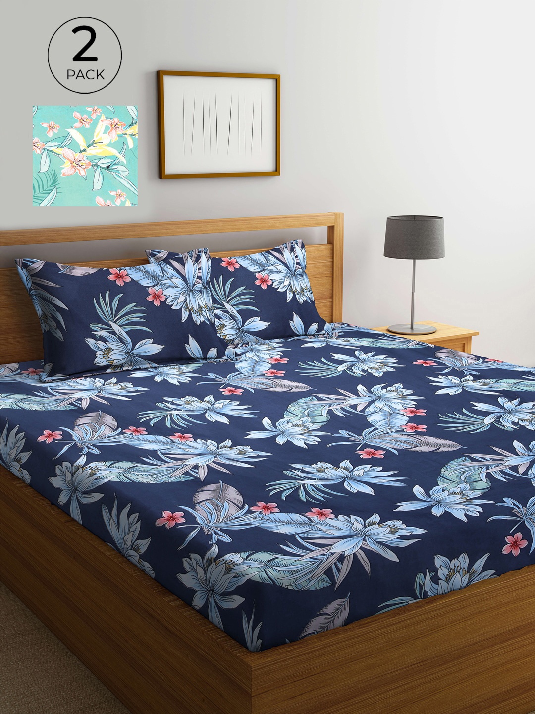 

KLOTTHE Sea Green & Navy Blue Floral 210 TC 2 King Bedsheet with 4 Pillow Covers