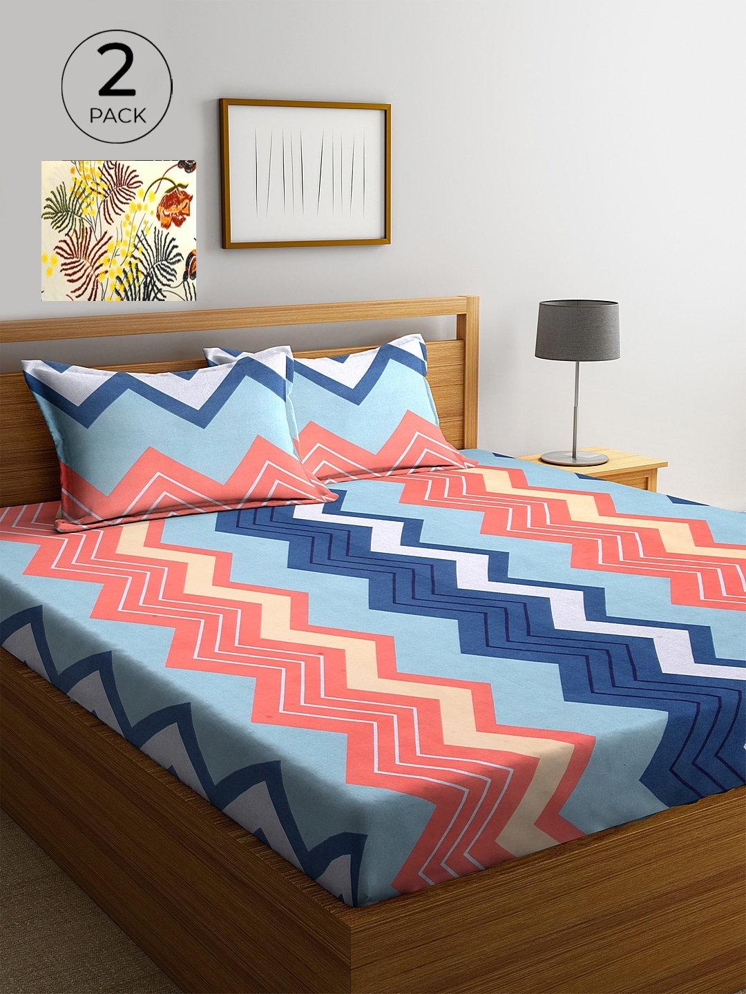 

KLOTTHE Blue & Coral Geometric 210 TC 2 King Bedsheet with 4 Pillow Covers