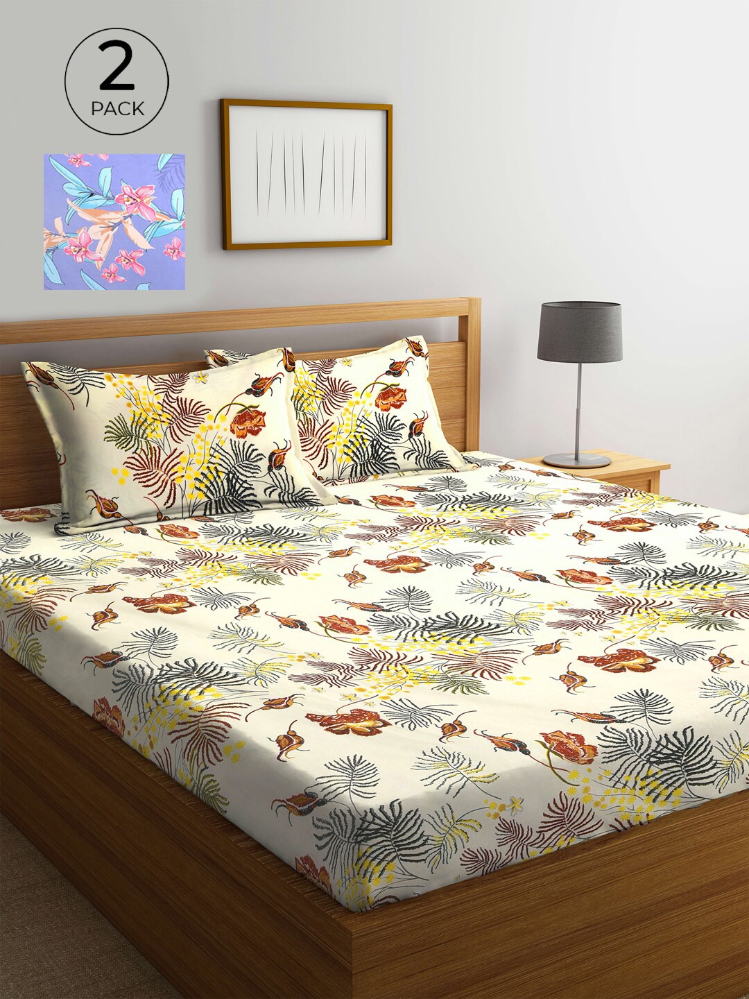 

KLOTTHE Set of Floral 210 TC 2 King Bedsheet with 4 Pillow Covers, Blue