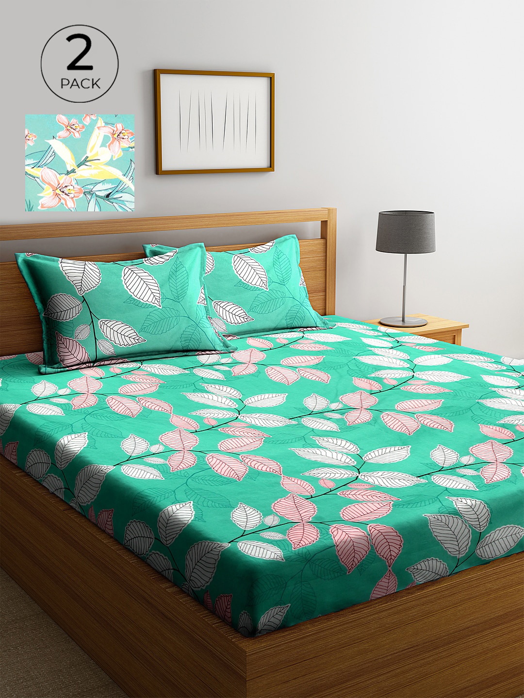 

KLOTTHE Pack of Floral 210 TC 2 King Bedsheet with 4 Pillow Covers, Green