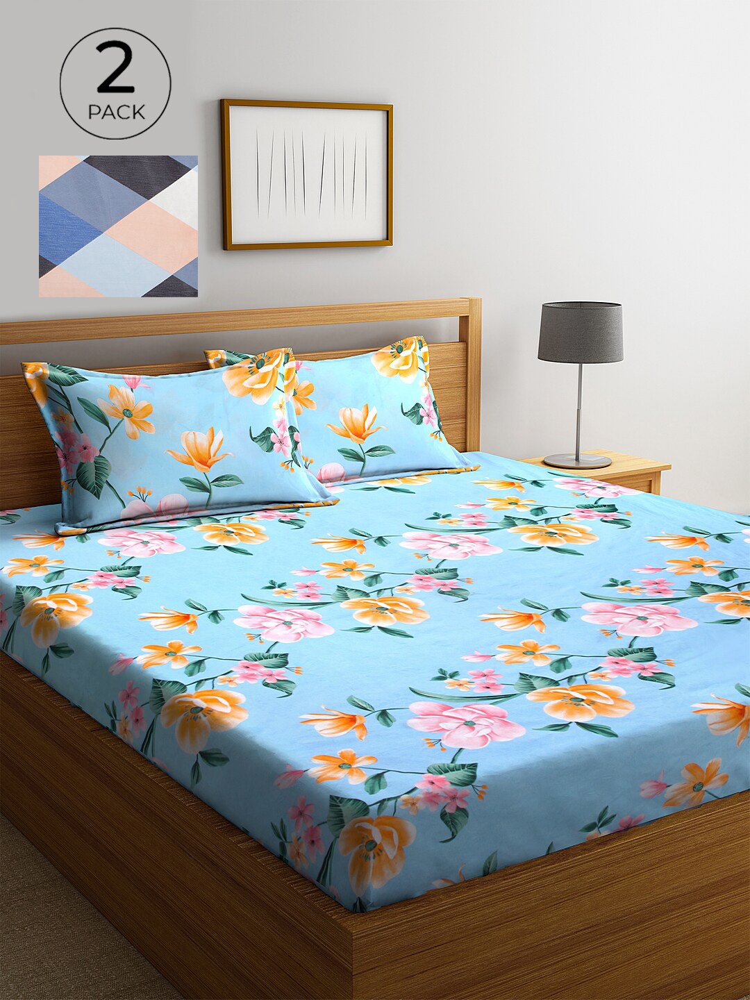 

KLOTTHE Blue & Orange Floral 210 TC 2 King Bedsheet with 4 Pillow Covers
