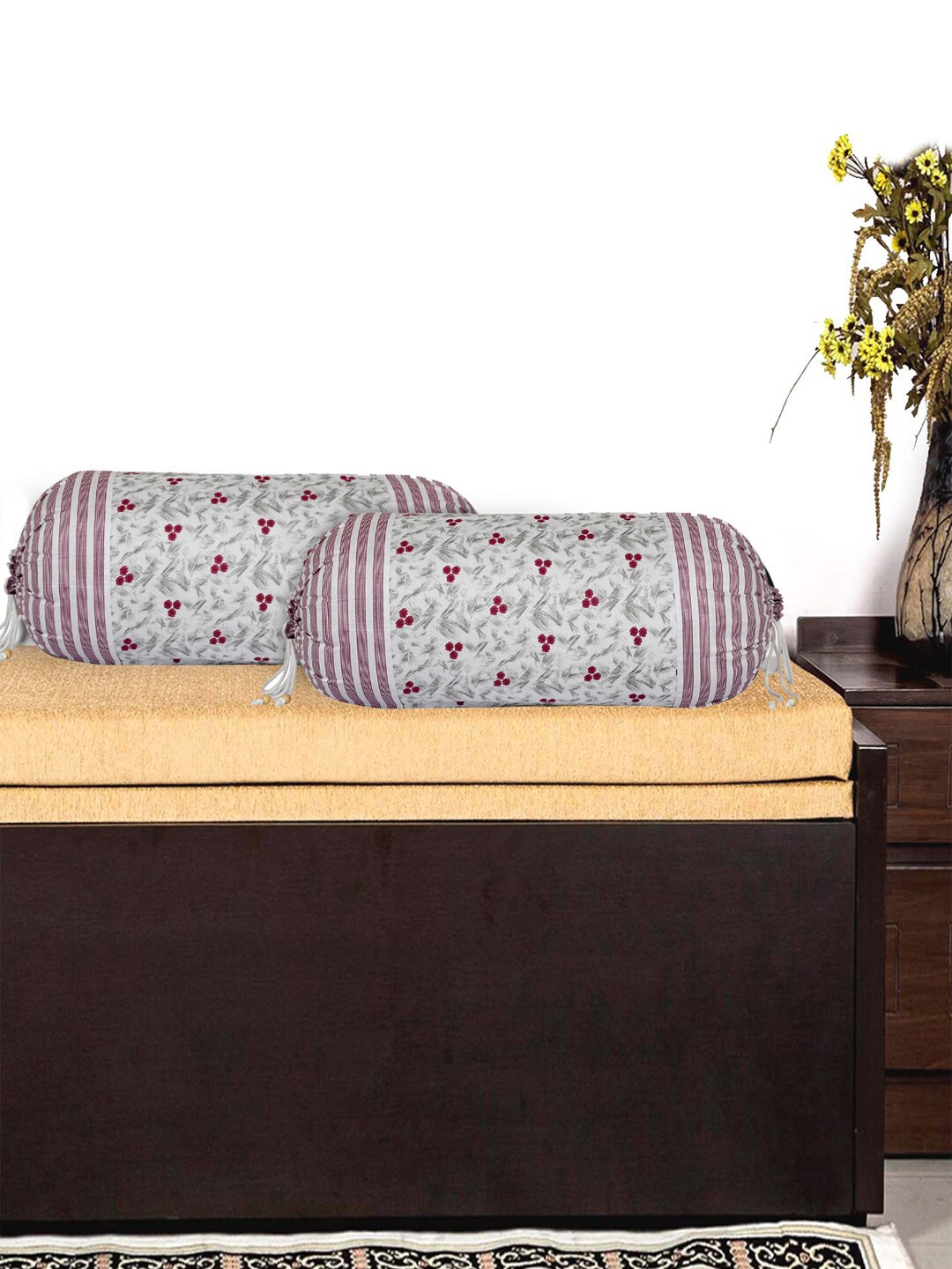 

Kuber Industries Set Of 2 Pink & White Floral Printed Cotton Bolster Covers