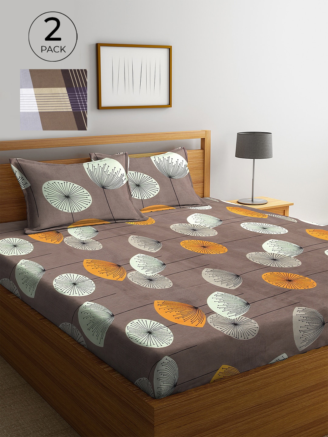 

KLOTTHE Set of 2 Printed 300 TC King Bedsheet With 4 Pillow Covers, Brown