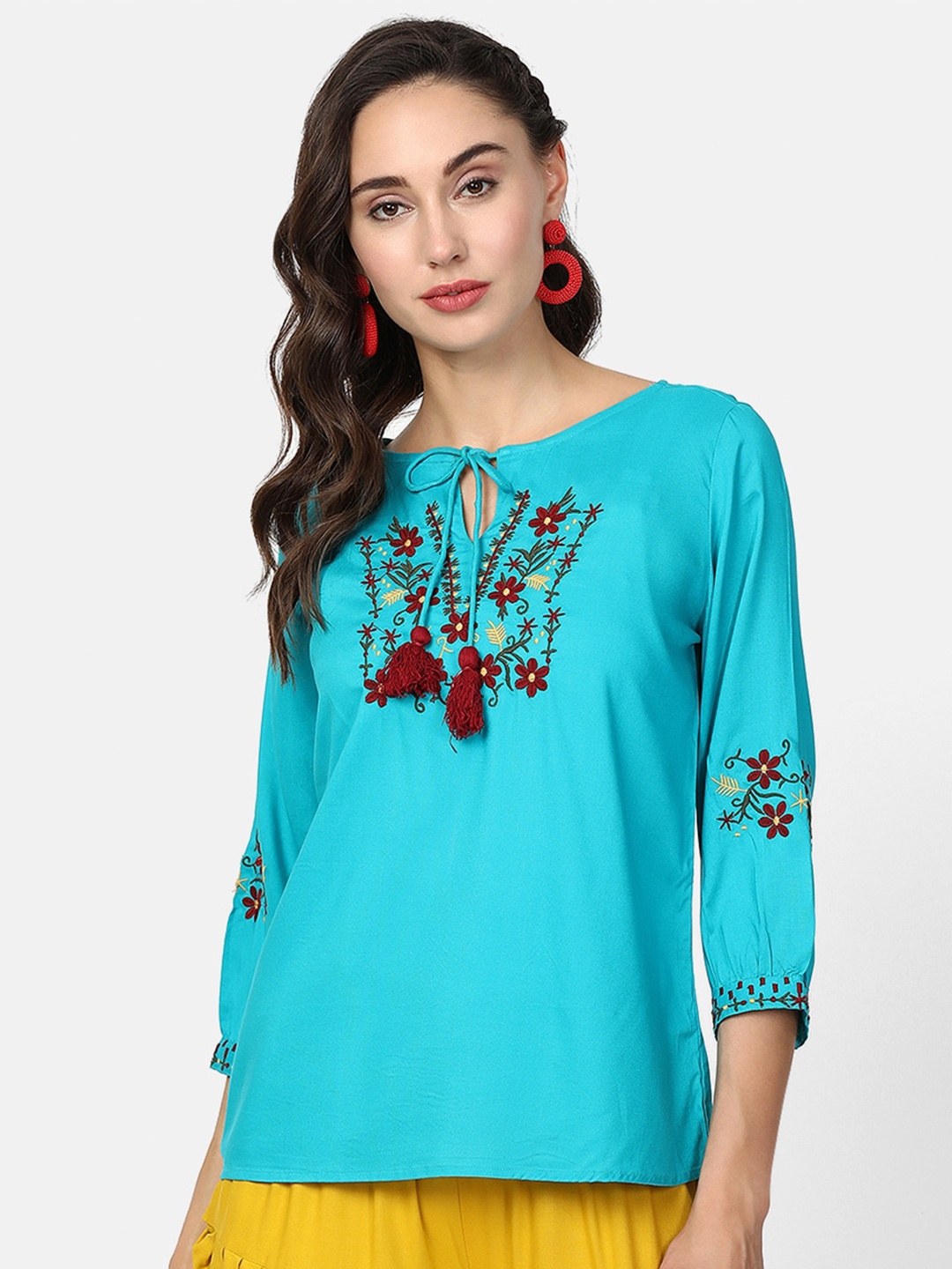 

V2 Value & Variety Blue Tie-Up Neck Regular Top