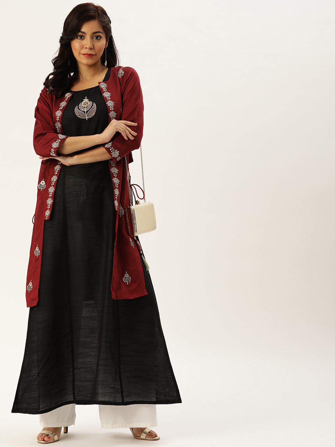 

Varanga Women Black & Maroon Embellished Thread Work Kurta With Jacket
