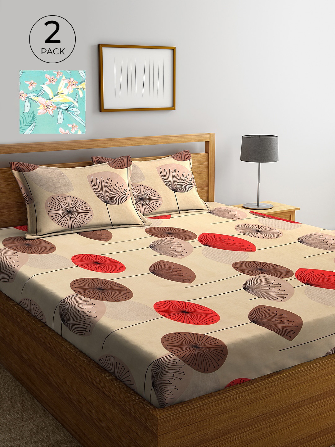 

KLOTTHE Beige & Blue Floral 210 TC 2 King Bedsheet with 4 Pillow Covers