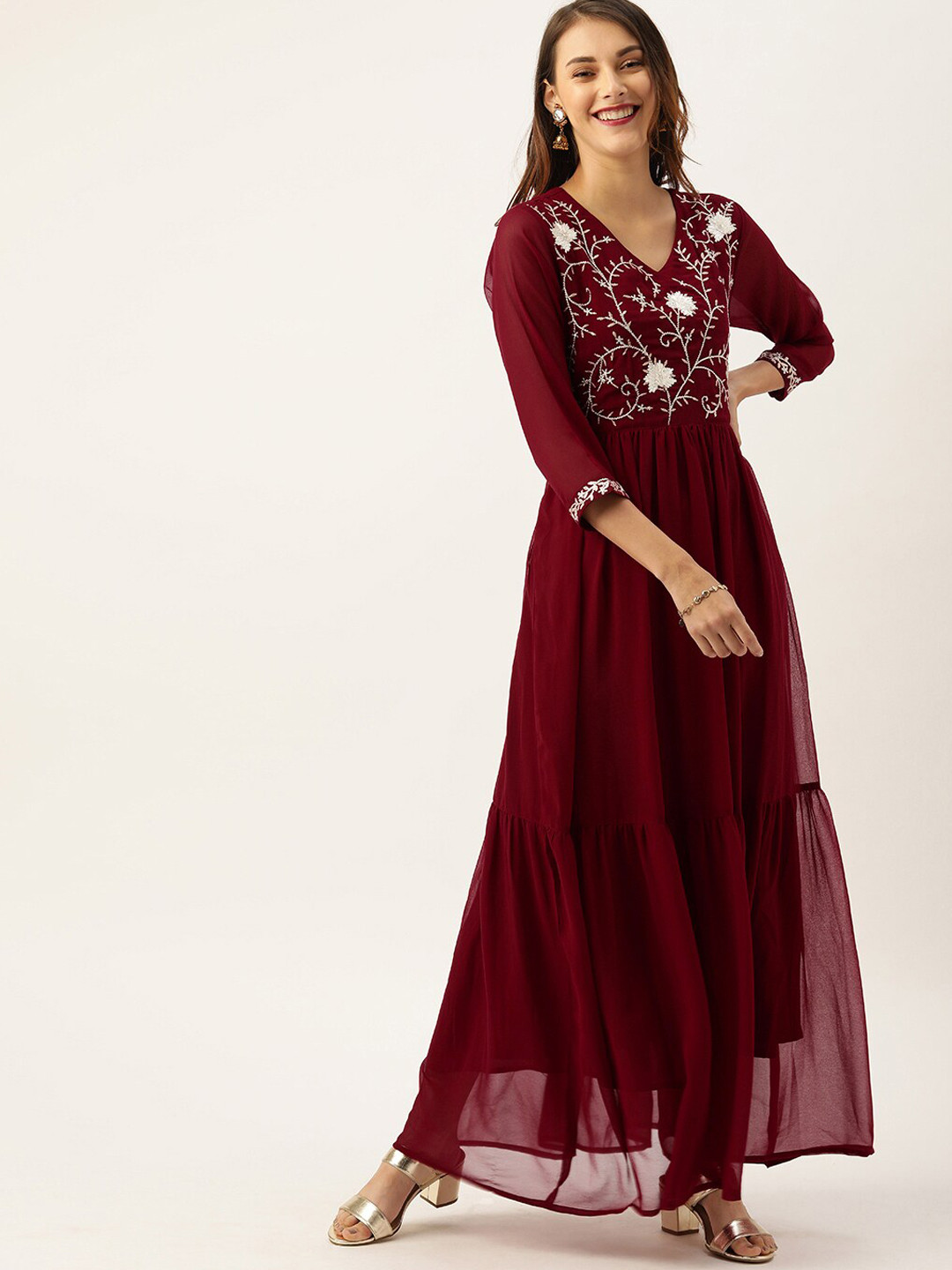 

Varanga Women Maroon Floral Yoke Design Thread Work Georgette Anarkali Kurta