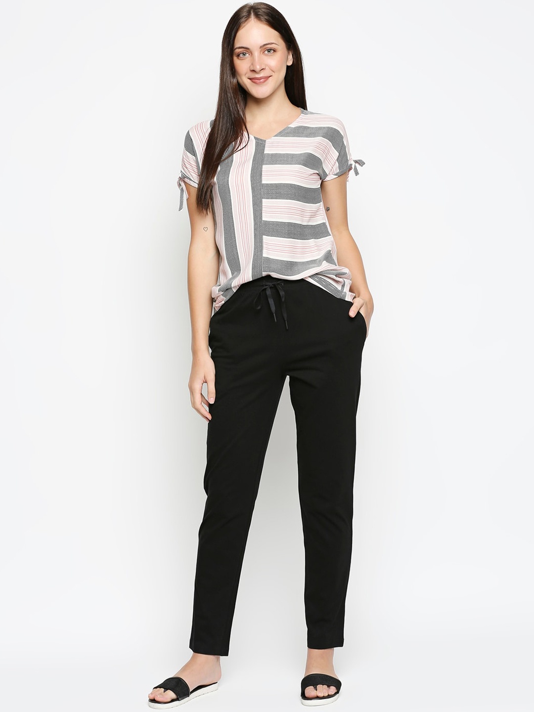 

XIN Women Pink & Grey Striped Night suit