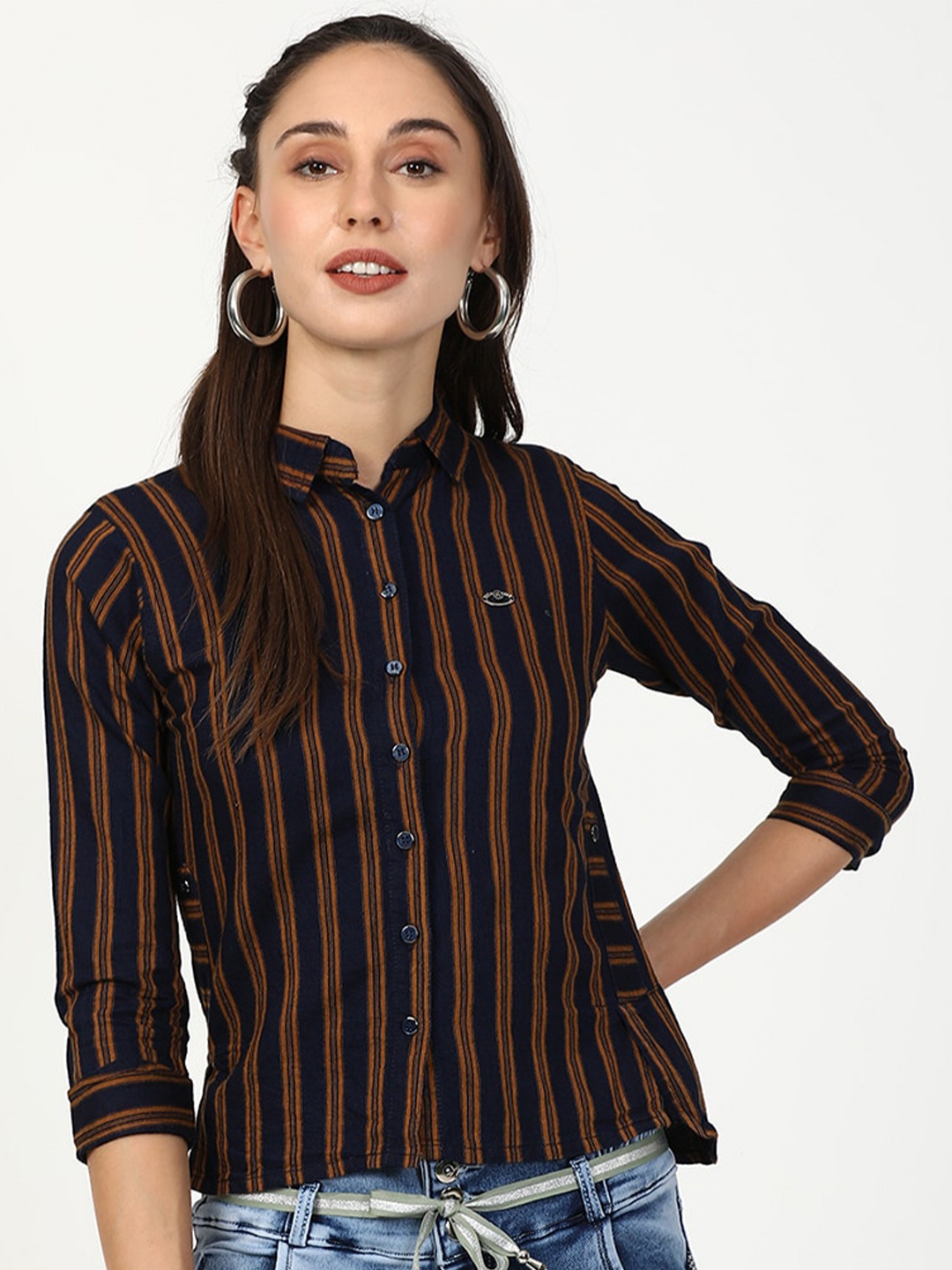 

V2 Value & Variety Mustard Striped Denim Shirt Style Top