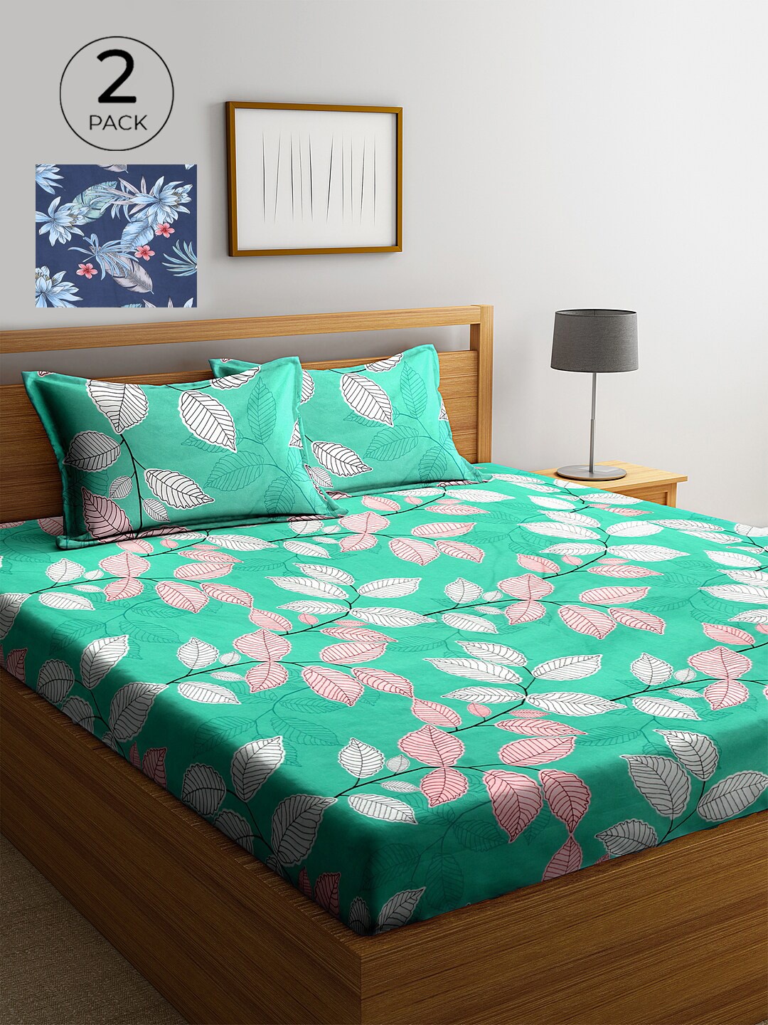 

KLOTTHE Green & Navy Blue Floral 210 TC 2 King Bedsheet with 4 Pillow Covers