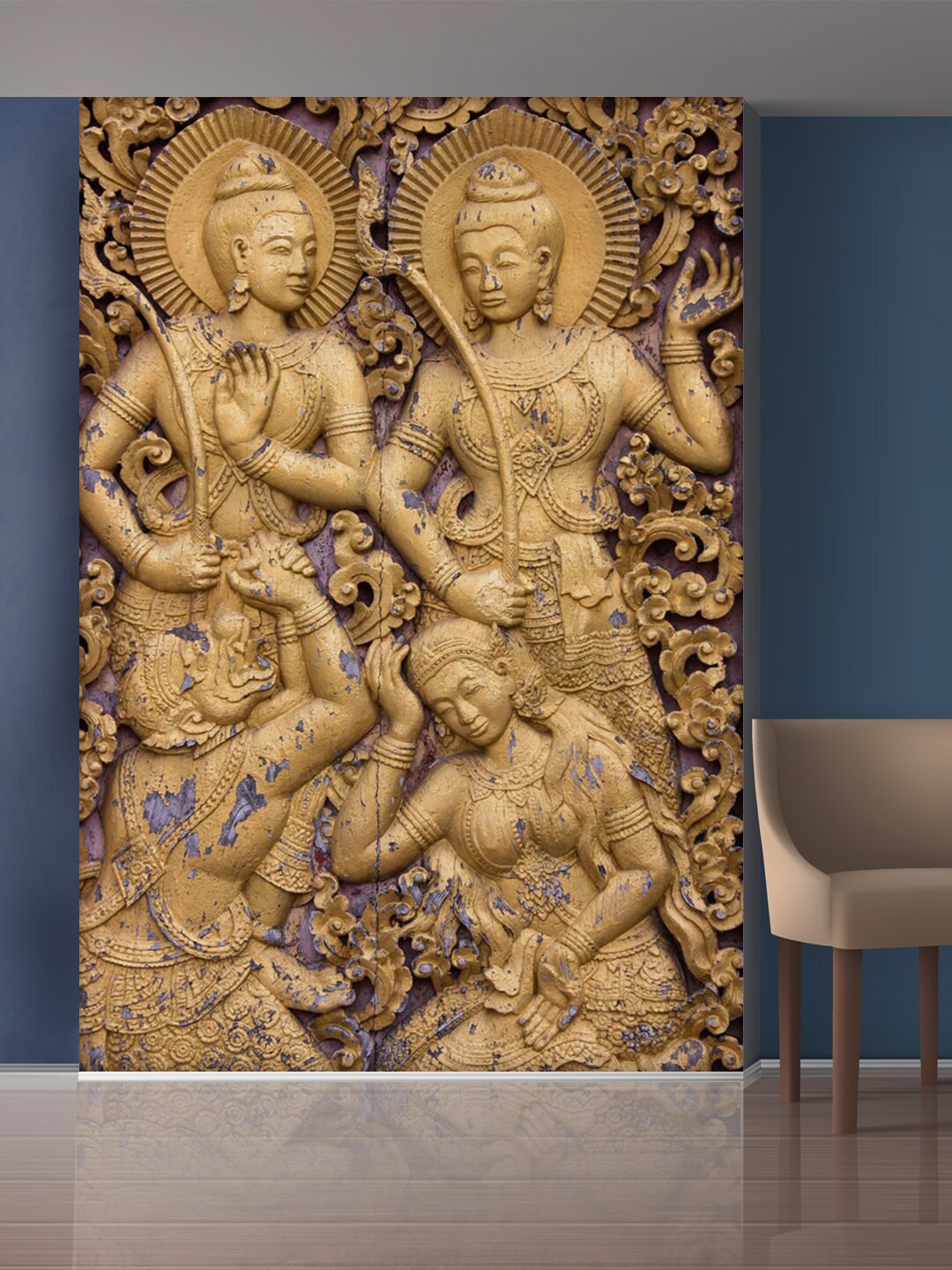 

999Store Gold-Toned & Grey Flowers & Ladys Mural Wallpaper