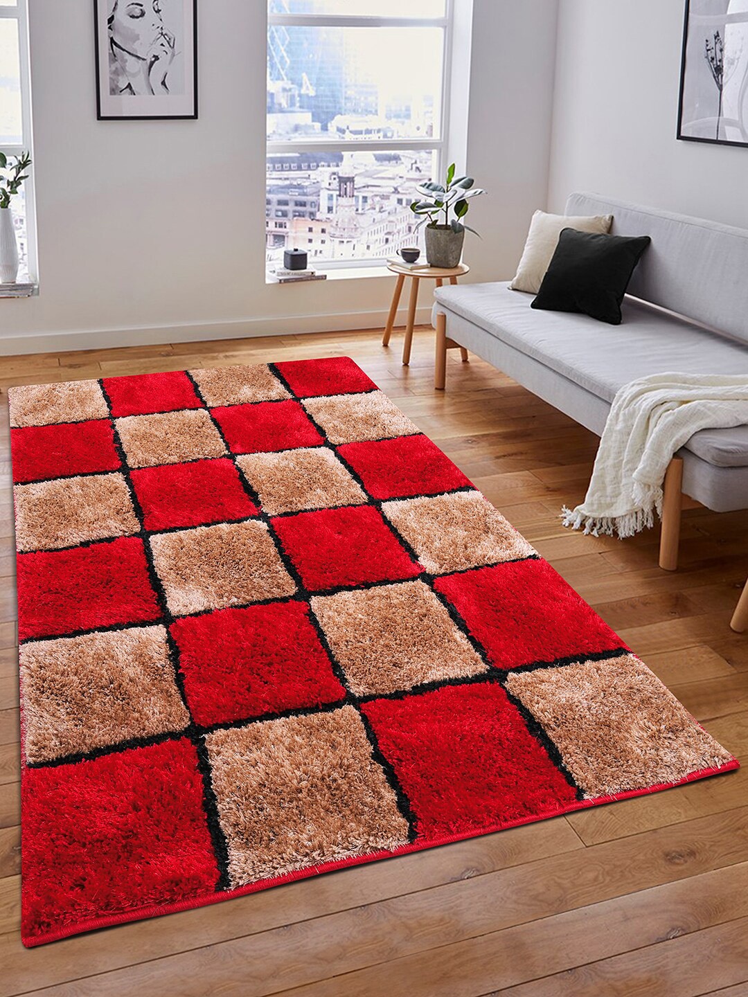 

ROMEE Red & Brown Geometric Printed Shaggy Floor Carpet