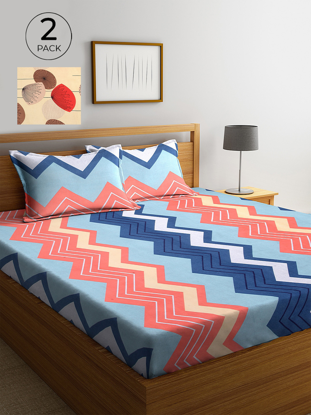 

KLOTTHE Blue & Beige Geometric 210 TC 2 King Bedsheet with 4 Pillow Covers