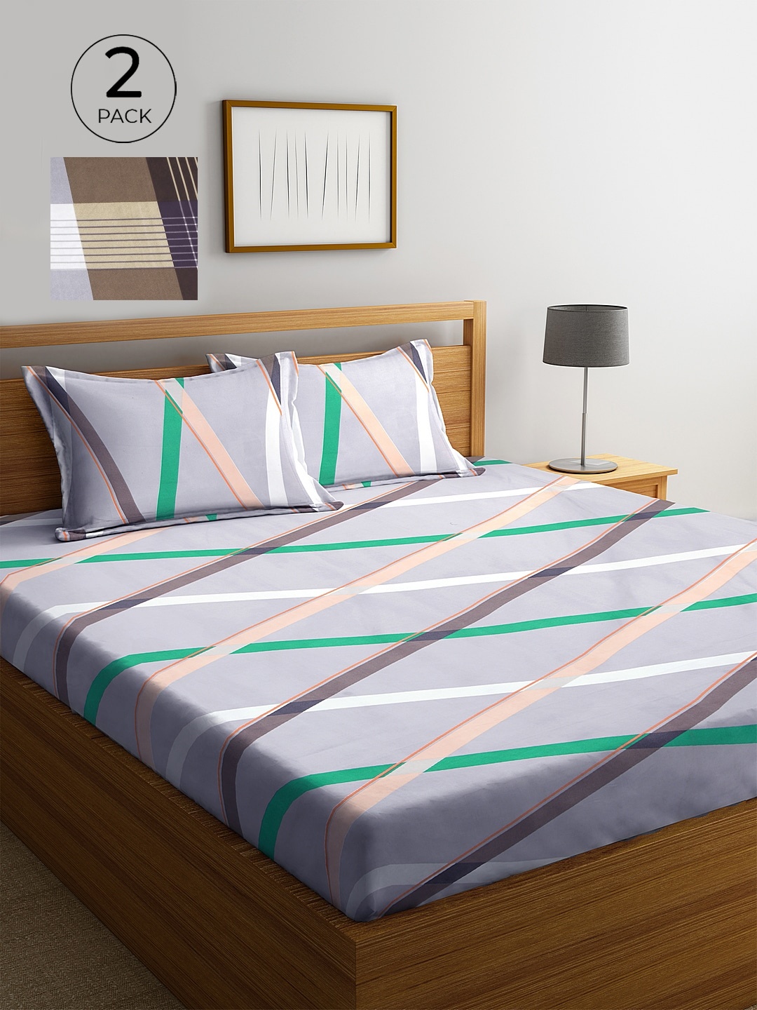 

KLOTTHE Purple & Beige Geometric 210 TC 2 King Bedsheet with 4 Pillow Covers