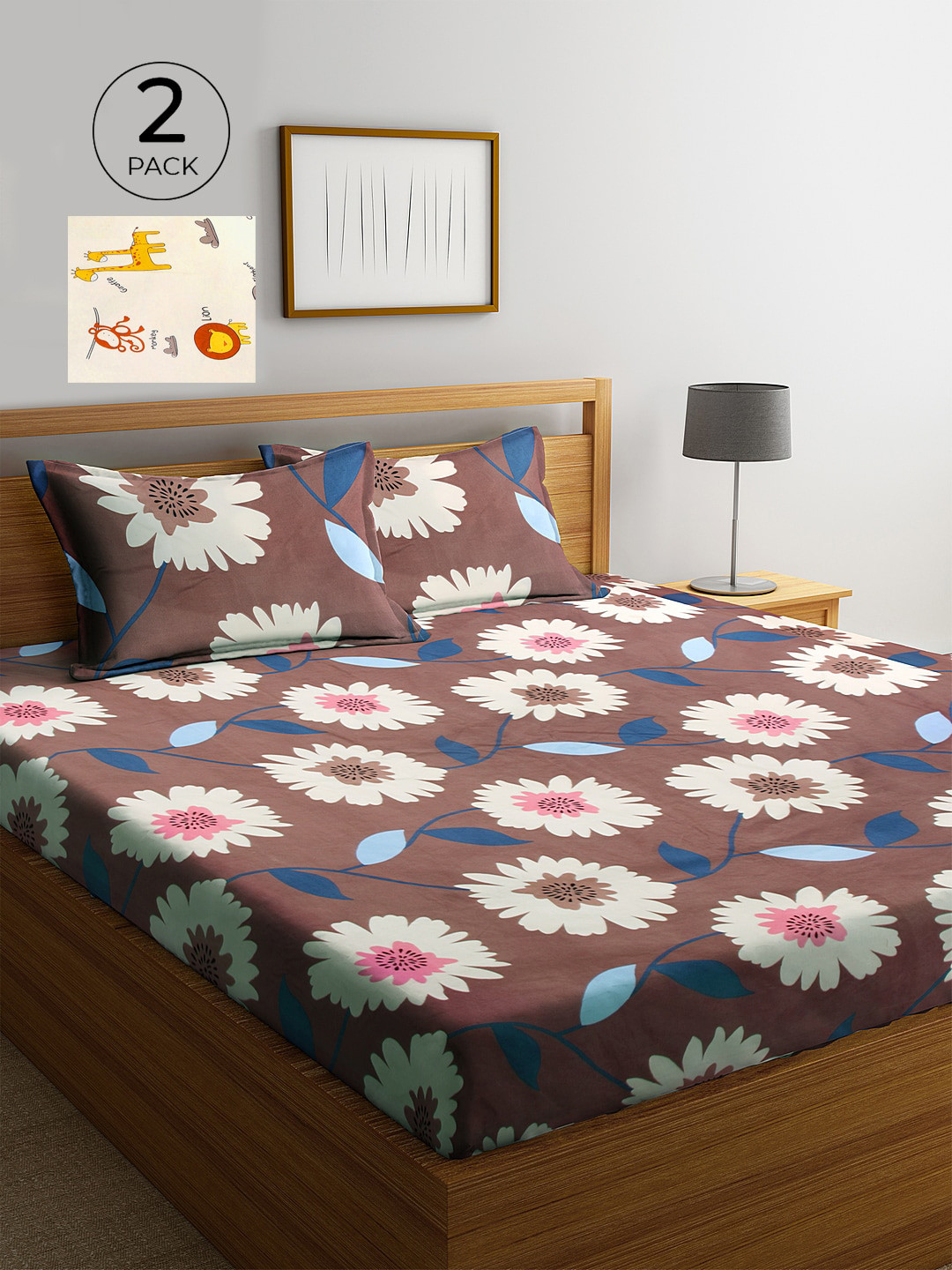 

KLOTTHE Brown & White Floral 210 TC 2 King Bedsheet with 4 Pillow Covers