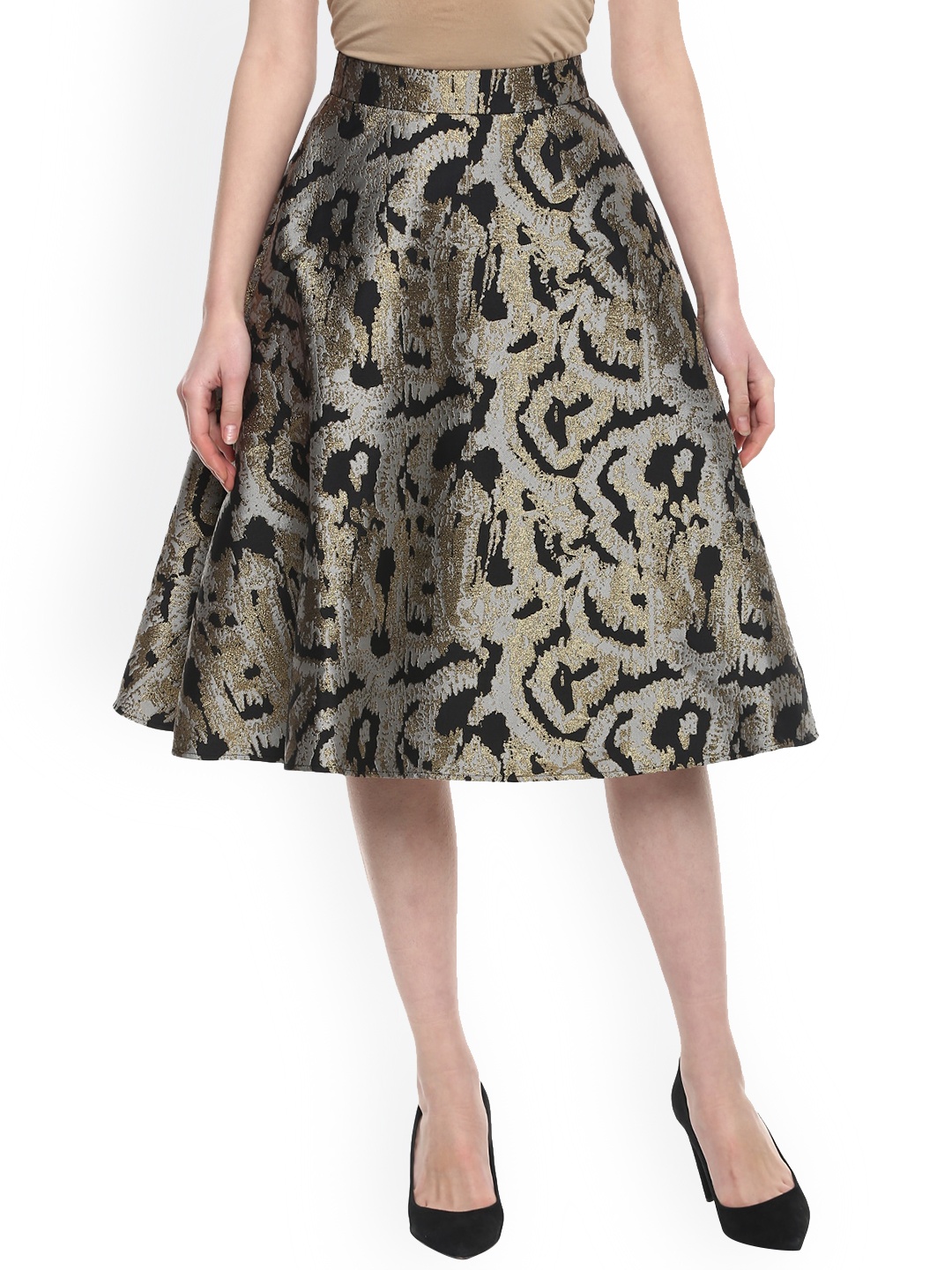 

Ted Baker Women Black & Grey Printed Embellished Jacquard A-Line Knee-Length Skirt