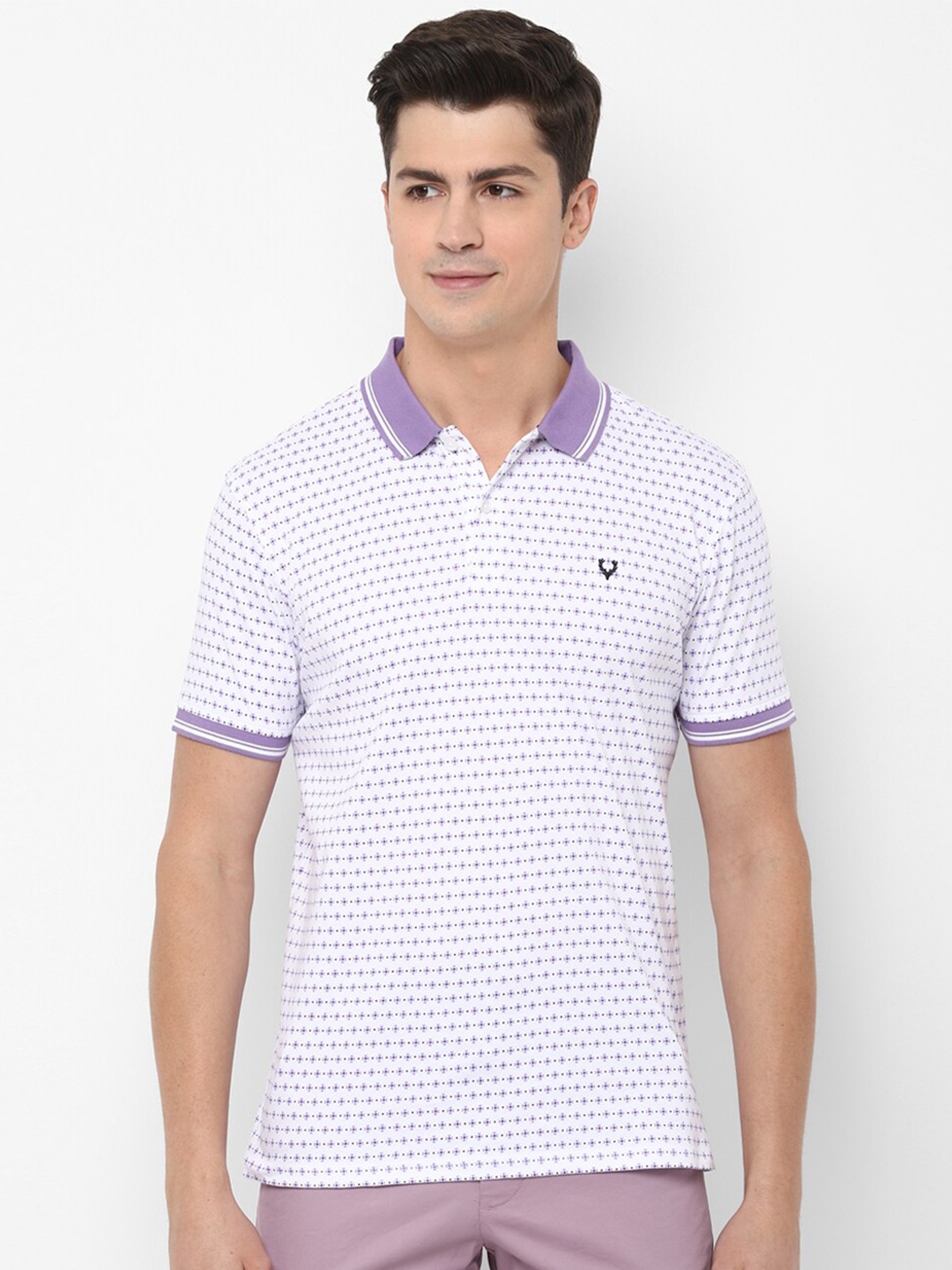 

Allen Solly Men White Purple Floral Printed Polo Collar Cotton Pure Cotton T-shirt