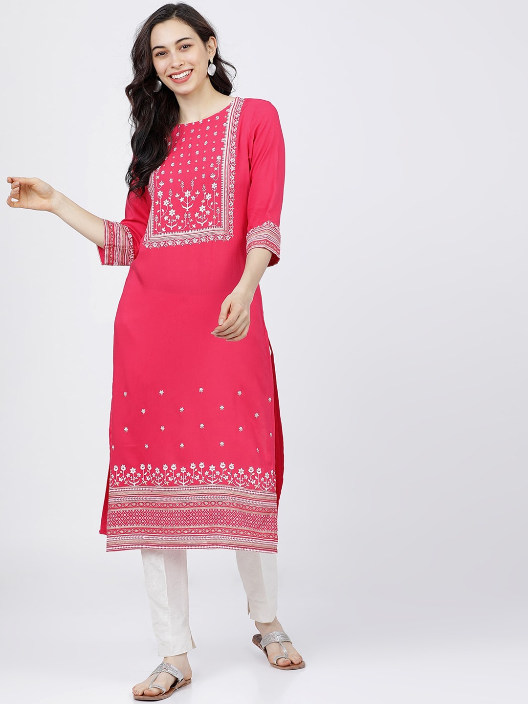 

Vishudh Women Pink & White Ethnic Motifs Printed Kurta