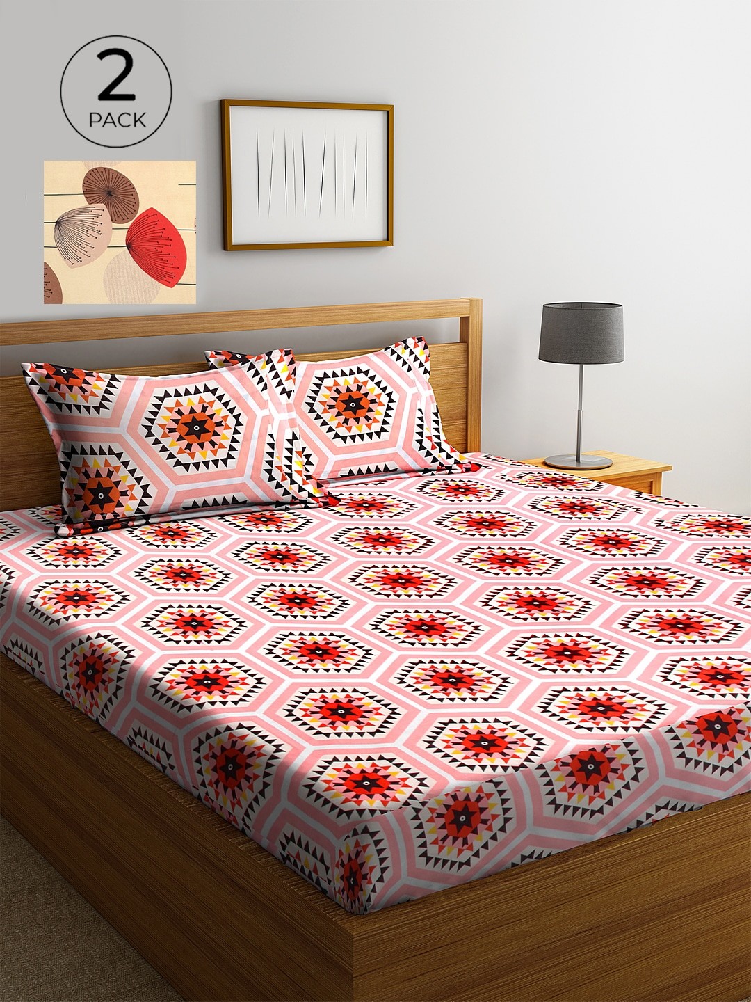 

KLOTTHE Pink & Beige Floral 210 TC 2 King Bedsheet with 4 Pillow Covers