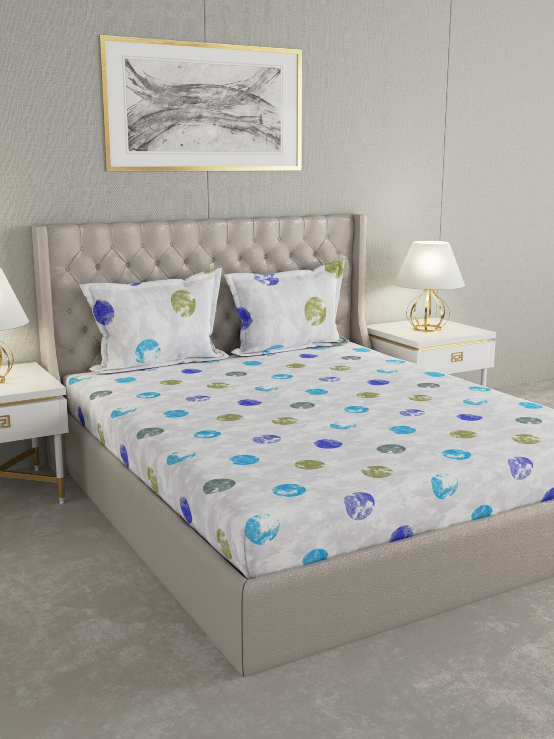 

Raymond Home Grey & Green Geometric 120 TC Queen Bedsheet with 2 Pillow Covers