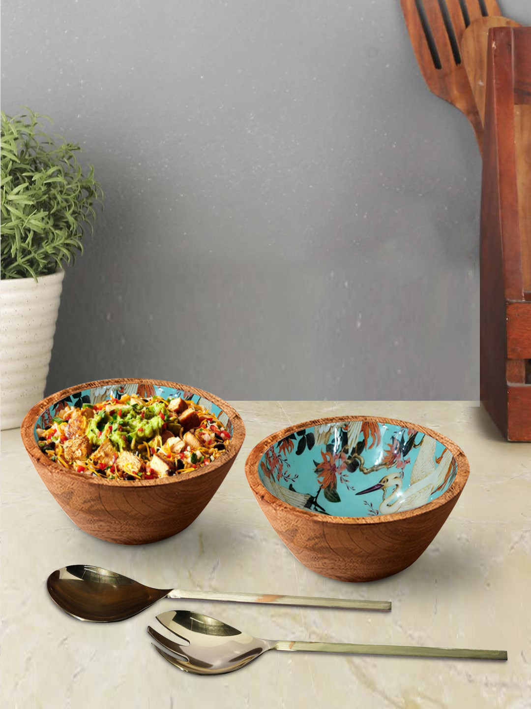 

nestroots Set of 4 Brown & Green Printed Bowls and Serving Spoons
