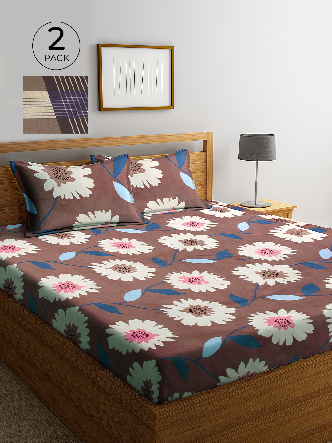

KLOTTHE Set of 2 210 TC Floral & Checked King Poly Cotton Bedsheets with 4 Pillow Covers, Multi