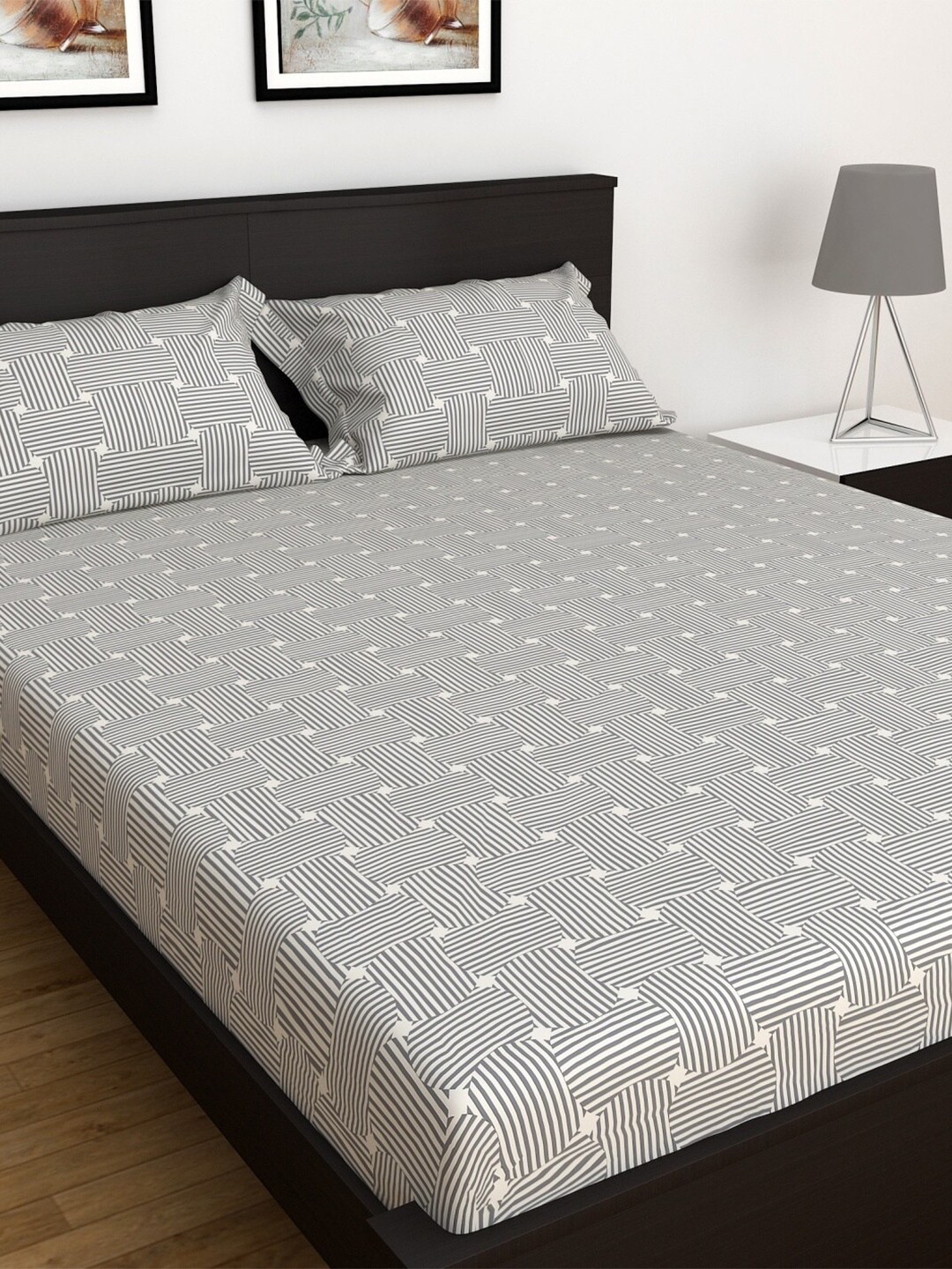 

Home Centre Elements Printed 3-Piece Double Bedsheet Set, Grey